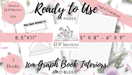 3 KDP Interior - 1cm Graph Squares KDP Interiors - 2 Books, Low Content 100 Pages, 5"x8", 6"x9", 8.5"x11", Graph Paper.